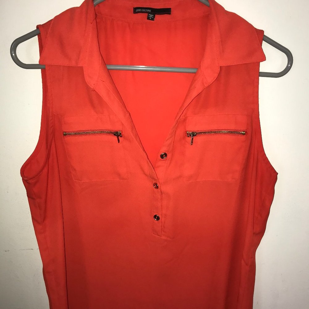 ORANGE COLLARED TANK, BUTTONS, ZIPPERS, LG
